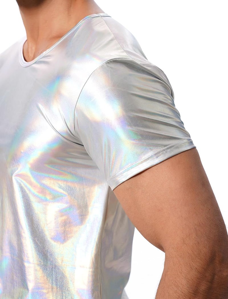 ABAFIP Men's Shiny Tank Top Short Sleeve Dance Shirt 70s Bodycon Party Music Festival T-Shirts - Image 4
